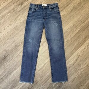 Evereve The Ever Straight High Rise Jeans Medium Wash Distressed Raw Hem Size 27